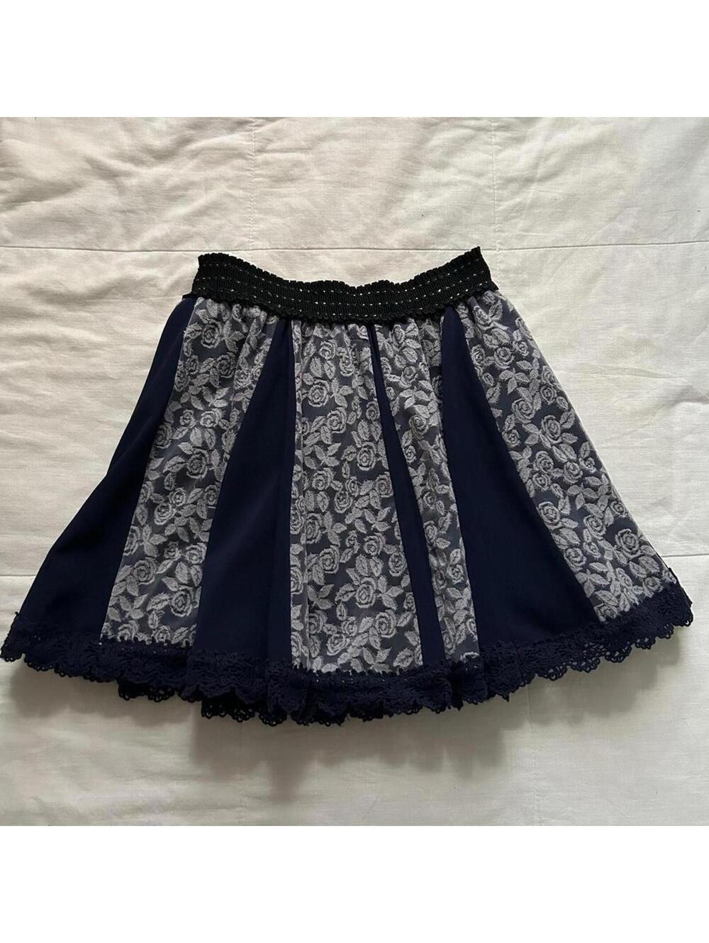 Axes Femme Navy Pleated Skirt Grey Floral Panel Lace Trim Medium